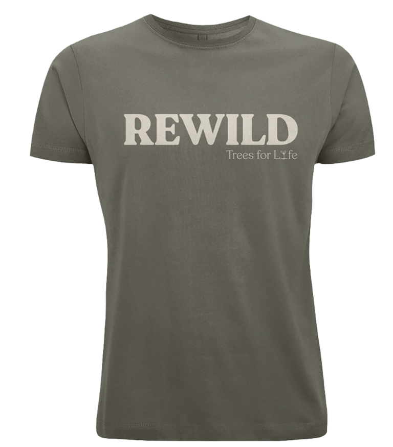 Moss green organic t-shirt, unisex with rewild slogan